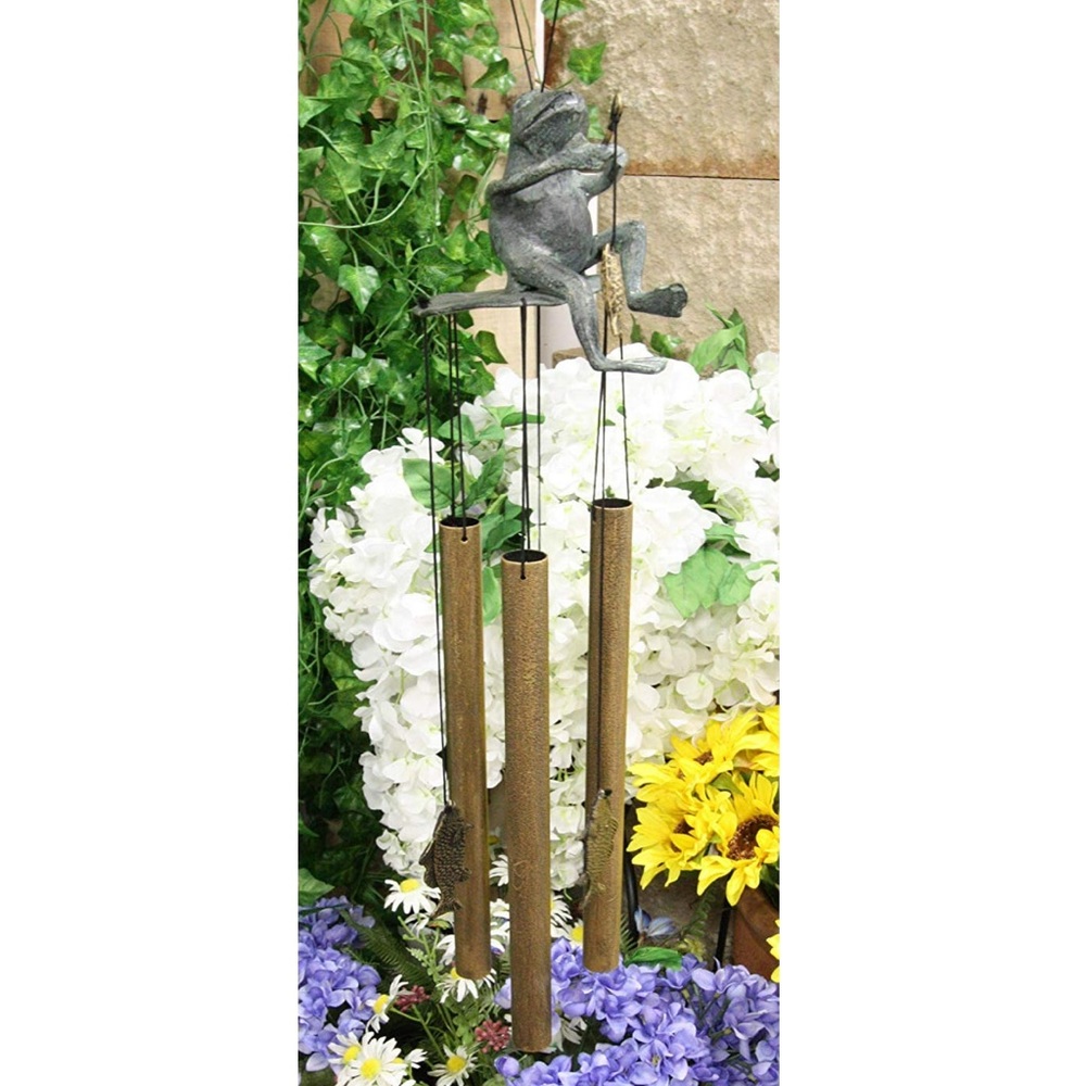 Ebros Exclusive collection.‎ Fishing Green Frog Tube Wind Chime Garden Sculpture